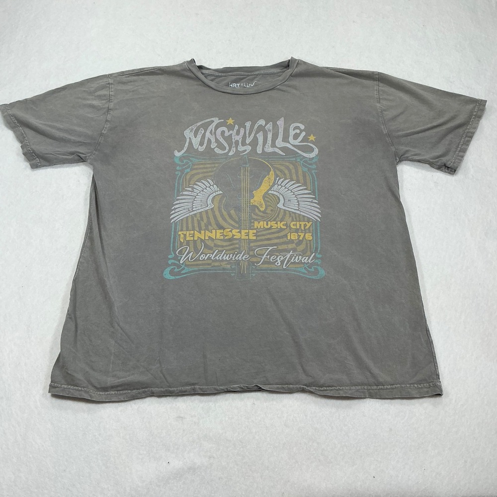HRT & LUV Nashville Tennessee Music City Graphic Tee Mineral Wash Gray Medium